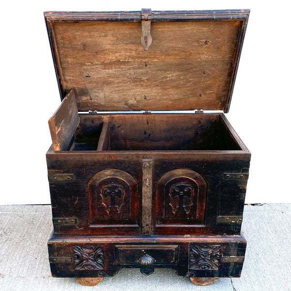 Indo-Portuguese Goan Iron Mounted Teak Storage Trunk on Wheels