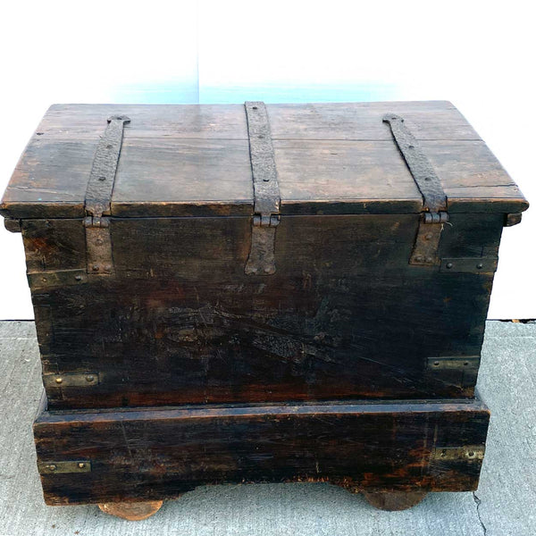 Indo-Portuguese Goan Iron Mounted Teak Storage Trunk on Wheels