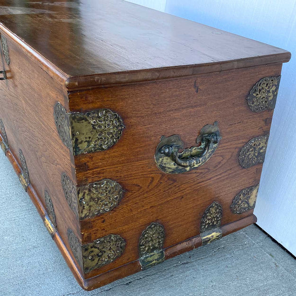 Indo-Portuguese Goan Brass Mounted Teak Storage Trunk on Wheels