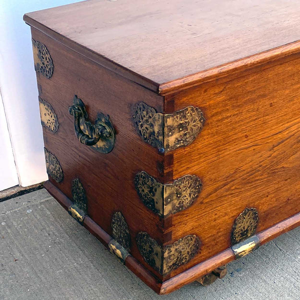 Indo-Portuguese Goan Brass Mounted Teak Storage Trunk on Wheels