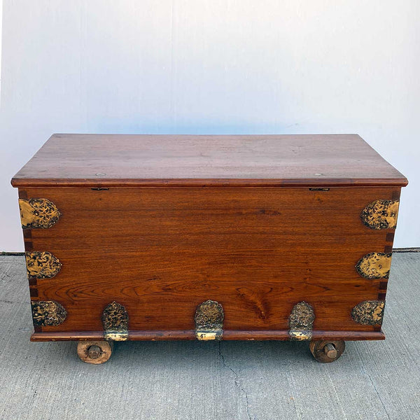 Indo-Portuguese Goan Brass Mounted Teak Storage Trunk on Wheels