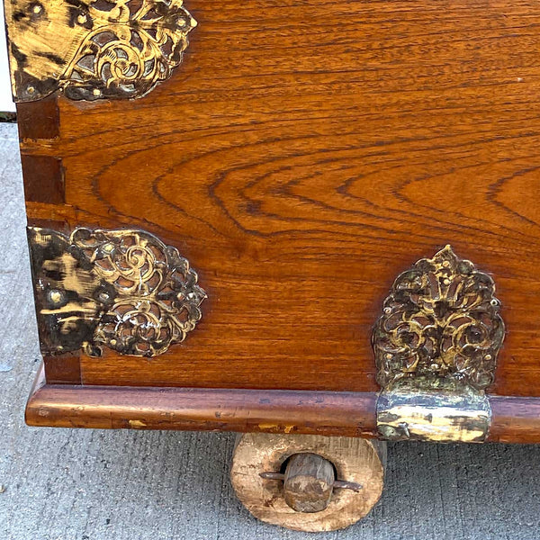 Indo-Portuguese Goan Brass Mounted Teak Storage Trunk on Wheels