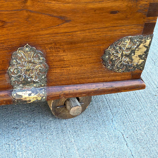 Indo-Portuguese Goan Brass Mounted Teak Storage Trunk on Wheels