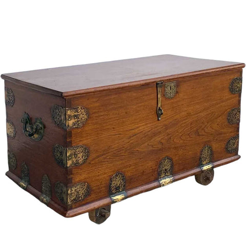 Indo-Portuguese Goan Brass Mounted Teak Storage Trunk on Wheels