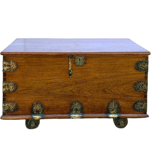 Indo-Portuguese Goan Brass Mounted Teak Storage Trunk on Wheels