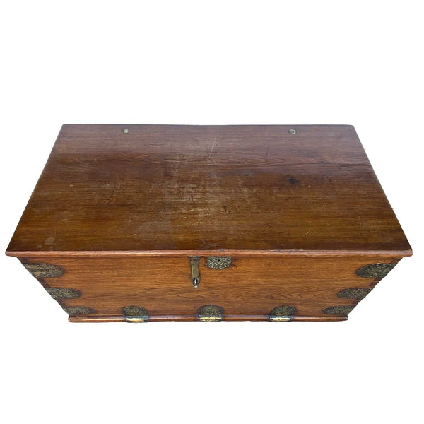 Indo-Portuguese Goan Brass Mounted Teak Storage Trunk on Wheels