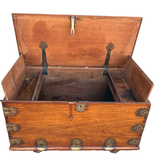 Indo-Portuguese Goan Brass Mounted Teak Storage Trunk on Wheels