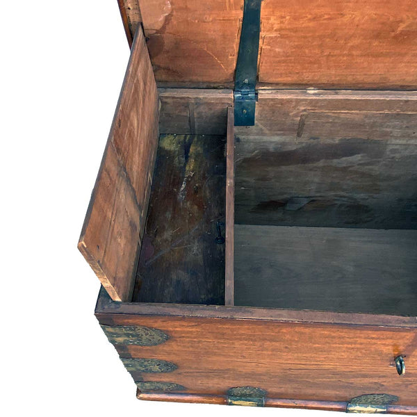 Indo-Portuguese Goan Brass Mounted Teak Storage Trunk on Wheels
