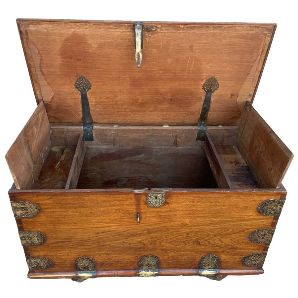 Indo-Portuguese Goan Brass Mounted Teak Storage Trunk on Wheels