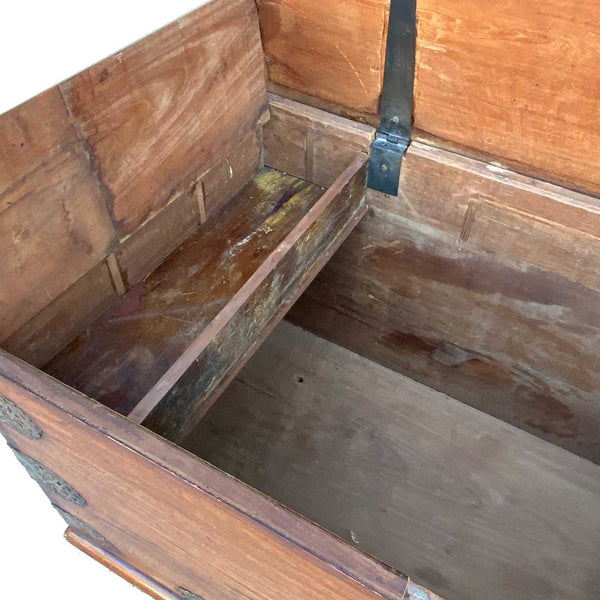 Indo-Portuguese Goan Brass Mounted Teak Storage Trunk on Wheels