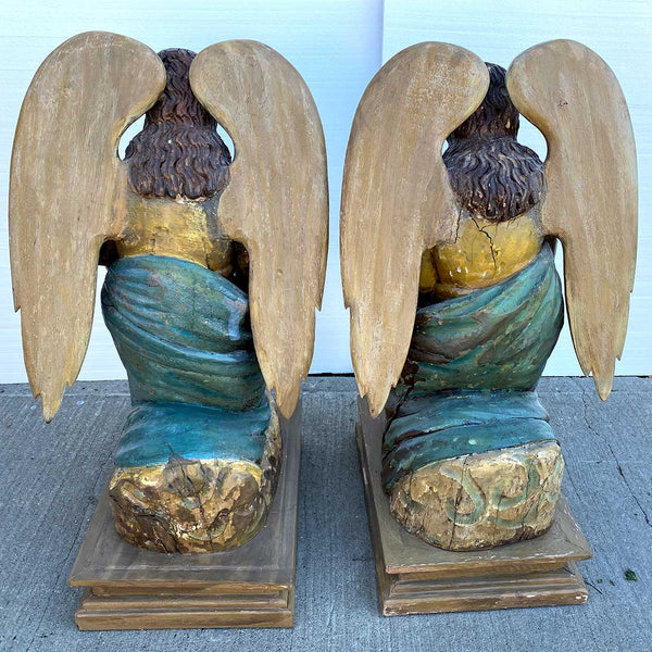 Pair of Indo-Portuguese Goan Painted Teak Kneeling Angels Statues