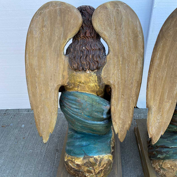 Pair of Indo-Portuguese Goan Painted Teak Kneeling Angels Statues
