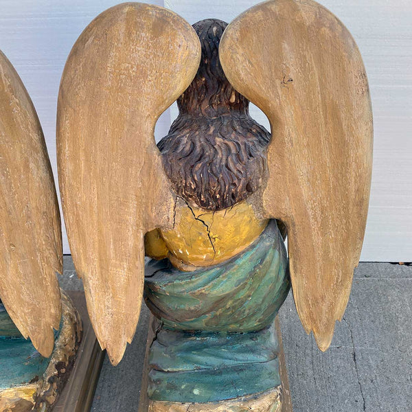 Pair of Indo-Portuguese Goan Painted Teak Kneeling Angels Statues