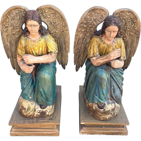 Pair of Indo-Portuguese Goan Painted Teak Kneeling Angels Statues