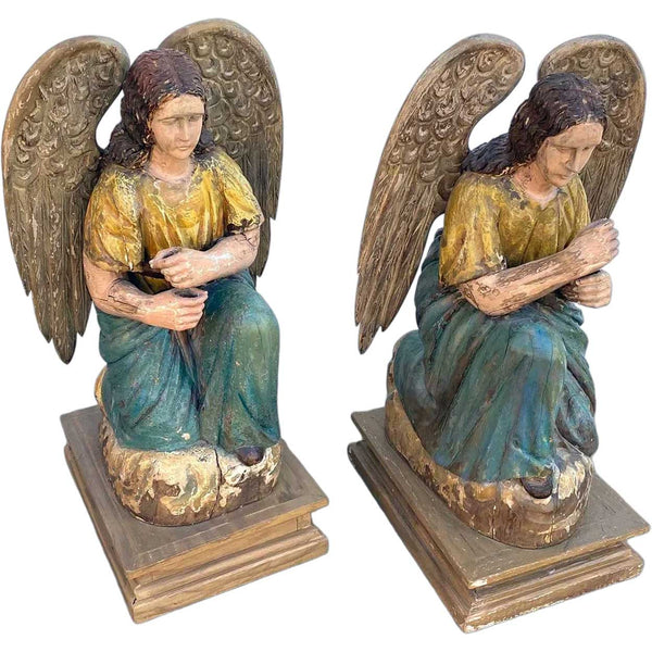 Pair of Indo-Portuguese Goan Painted Teak Kneeling Angels Statues