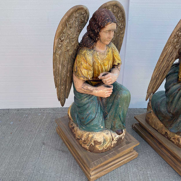 Pair of Indo-Portuguese Goan Painted Teak Kneeling Angels Statues
