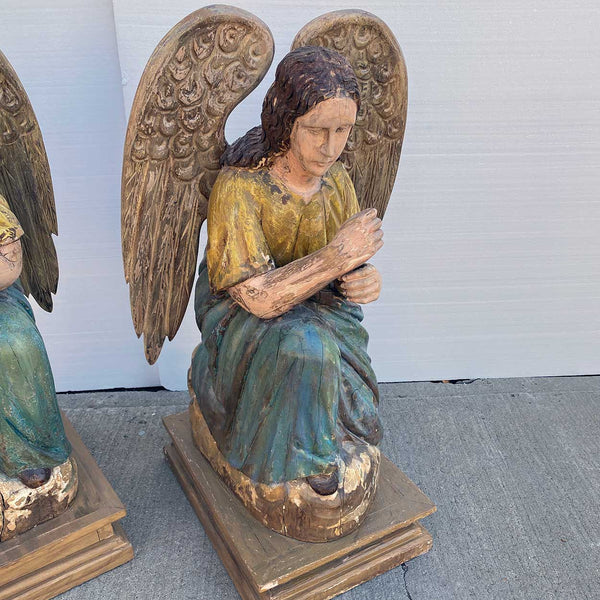 Pair of Indo-Portuguese Goan Painted Teak Kneeling Angels Statues