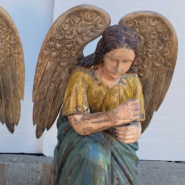 Pair of Indo-Portuguese Goan Painted Teak Kneeling Angels Statues