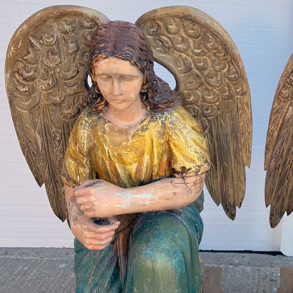 Pair of Indo-Portuguese Goan Painted Teak Kneeling Angels Statues