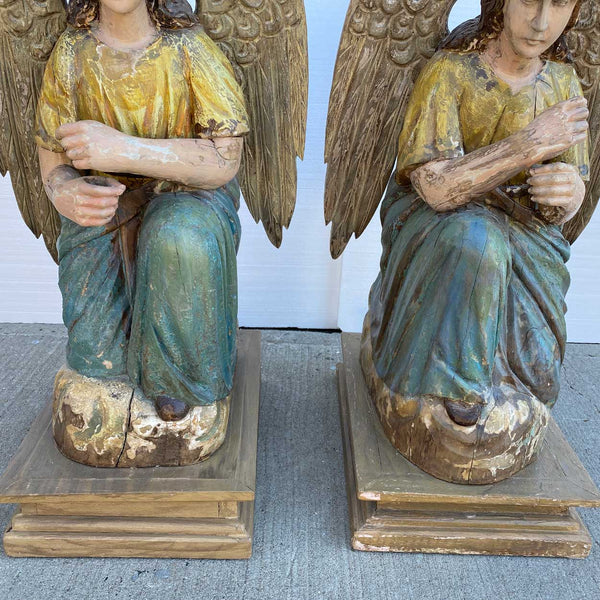 Pair of Indo-Portuguese Goan Painted Teak Kneeling Angels Statues