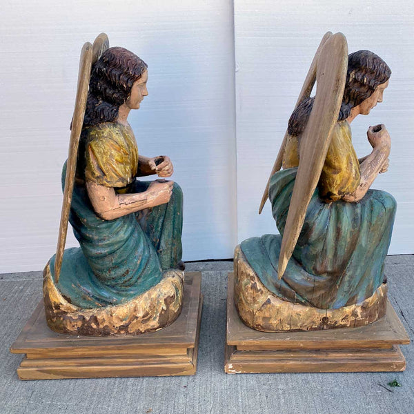 Pair of Indo-Portuguese Goan Painted Teak Kneeling Angels Statues