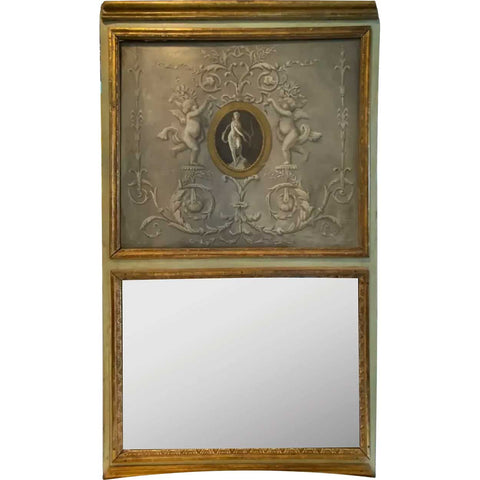Large French Louis XVI Grisaille Painted and Giltwood Boiserie Trumeau Mirror
