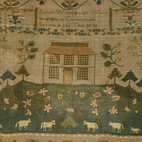 English Georgian Silk-on-Linen Needlework Sampler Wrought by Sarah Woodward