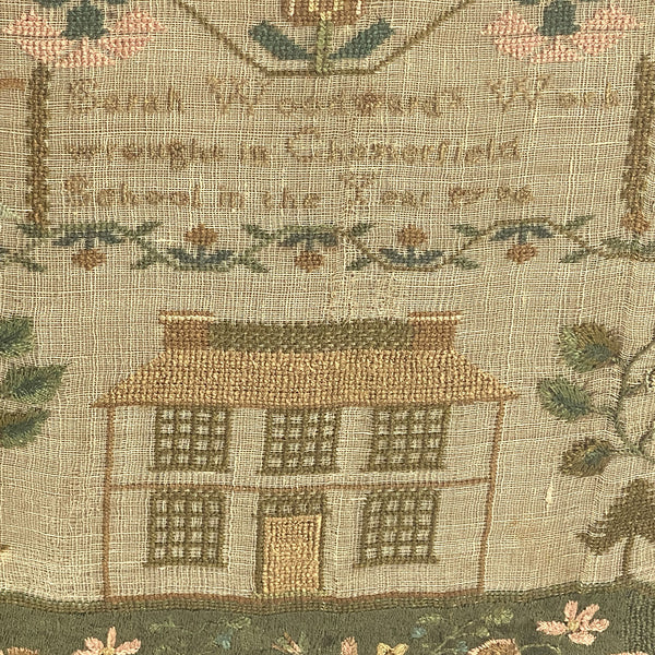 English Georgian Silk-on-Linen Needlework Sampler Wrought by Sarah Woodward