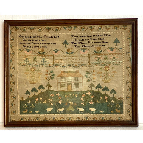 English Georgian Silk-on-Linen Needlework Sampler Wrought by Sarah Woodward