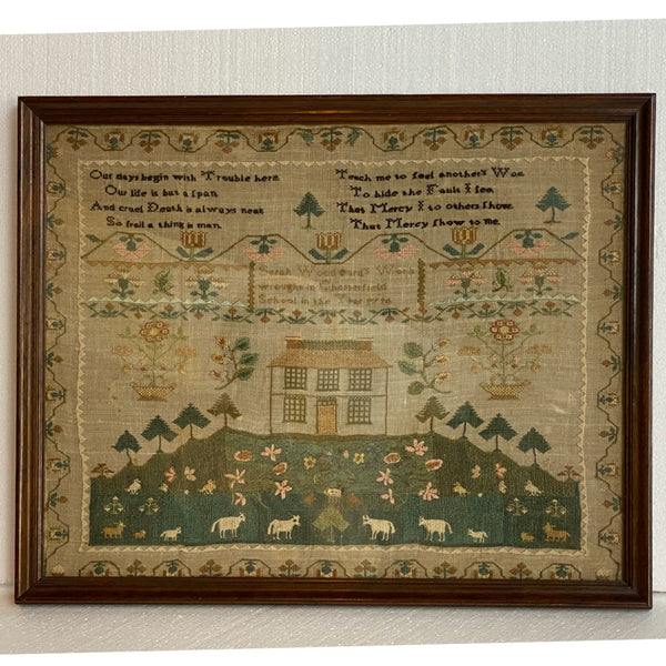 English Georgian Silk-on-Linen Needlework Sampler Wrought by Sarah Woodward