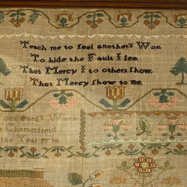 English Georgian Silk-on-Linen Needlework Sampler Wrought by Sarah Woodward