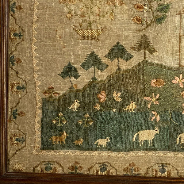 English Georgian Silk-on-Linen Needlework Sampler Wrought by Sarah Woodward
