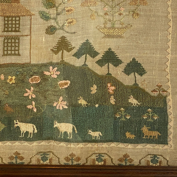 English Georgian Silk-on-Linen Needlework Sampler Wrought by Sarah Woodward