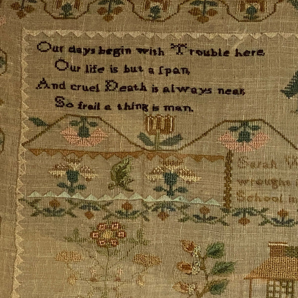 English Georgian Silk-on-Linen Needlework Sampler Wrought by Sarah Woodward