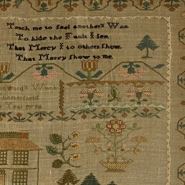 English Georgian Silk-on-Linen Needlework Sampler Wrought by Sarah Woodward