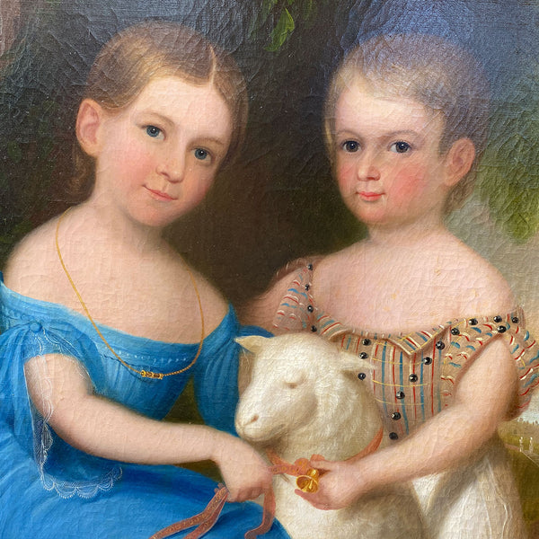 ROBERT STREET Oil on Canvas Painting, Portrait of the Grundy Siblings with a Lamb