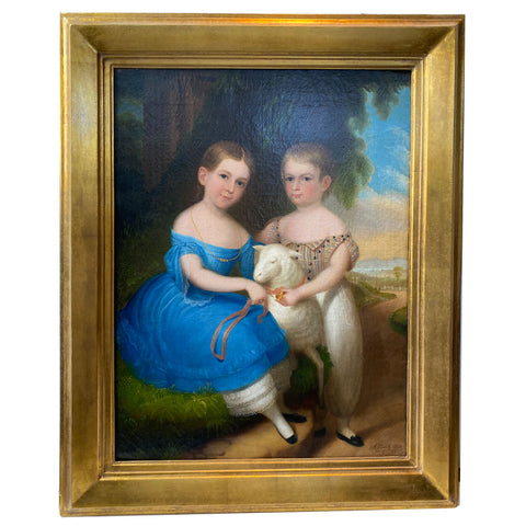 ROBERT STREET Oil on Canvas Painting, Portrait of the Grundy Siblings with a Lamb