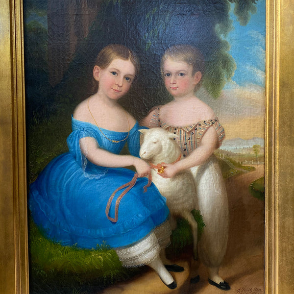 ROBERT STREET Oil on Canvas Painting, Portrait of the Grundy Siblings with a Lamb