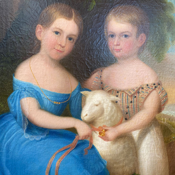 ROBERT STREET Oil on Canvas Painting, Portrait of the Grundy Siblings with a Lamb