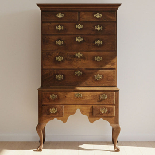 American Queen Anne Walnut Flat-Top Chest on Stand Highboy