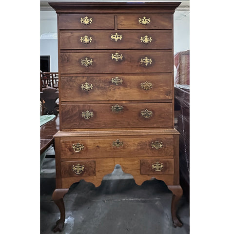 American Queen Anne Walnut Flat-Top Chest on Stand Highboy