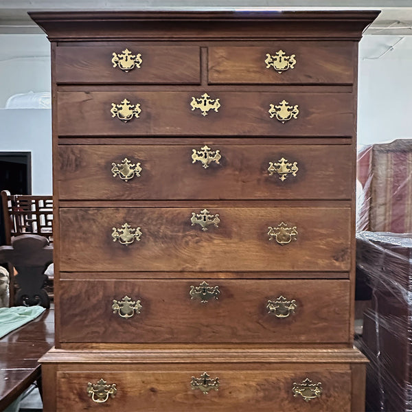 American Queen Anne Walnut Flat-Top Chest on Stand Highboy