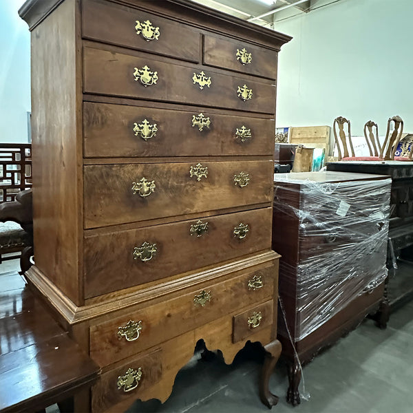 American Queen Anne Walnut Flat-Top Chest on Stand Highboy
