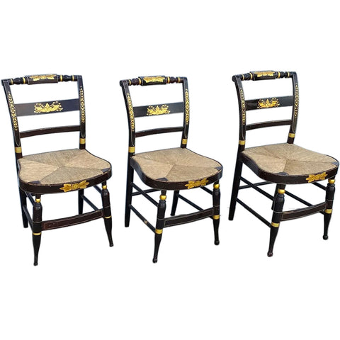 Set of Three American Painted Rush Seat Hitchcock Side Dining Chairs