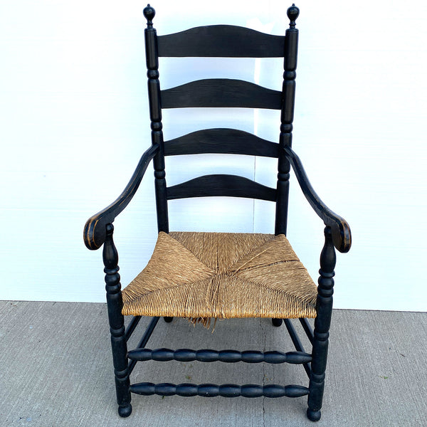 American New England Painted Maple Rush Seat Ladder Back Armchair