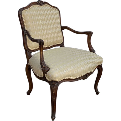 French Provincial Louis XV Style Walnut Upholstered Fauteuil Armchair