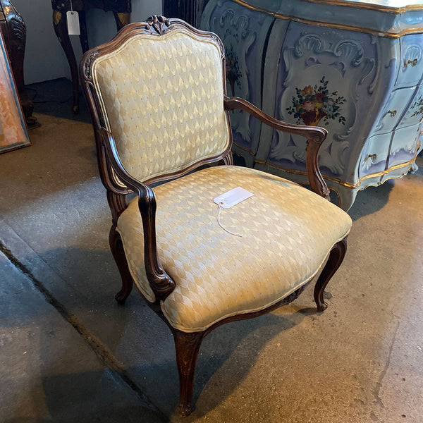 French Provincial Louis XV Style Walnut Upholstered Fauteuil Armchair