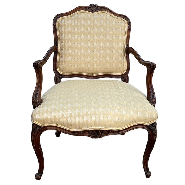 French Provincial Louis XV Style Walnut Upholstered Fauteuil Armchair