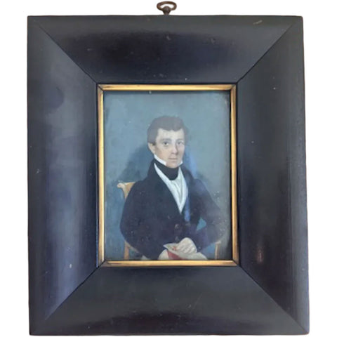 American School Folk Art Miniature Watercolor Painting, Portrait of a Gentleman