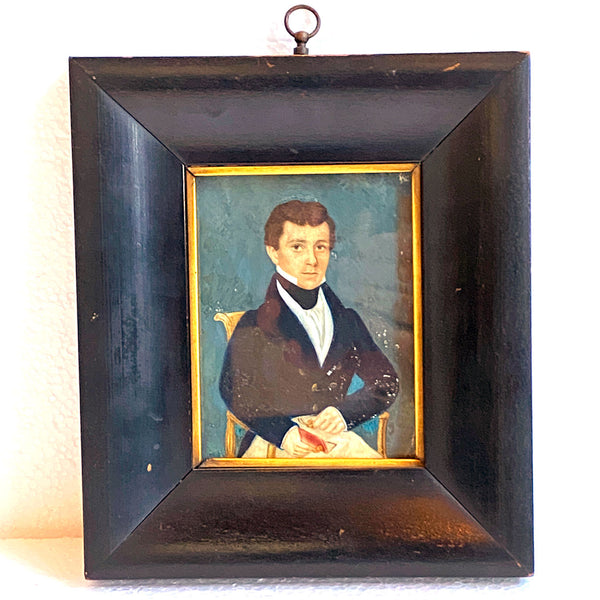 American School Folk Art Miniature Watercolor Painting, Portrait of a Gentleman